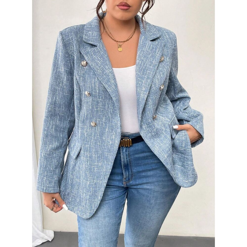 Tweed Double Breasted Blazer Blue Grey Metallic Silver Button Jacket Size L